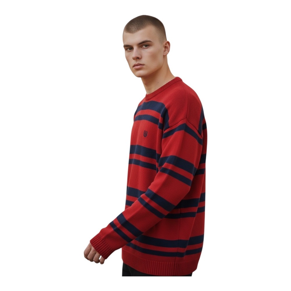 Chaps Mens Sweater XL Striped Crew Neck Red Blue Pullover Knitwear Casual - Picture 2 of 12